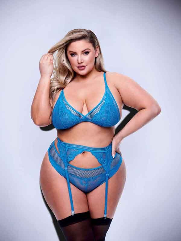 Baci 3pc Lace & Mesh Bra, Garter & Panty Set-BLU-Q BX