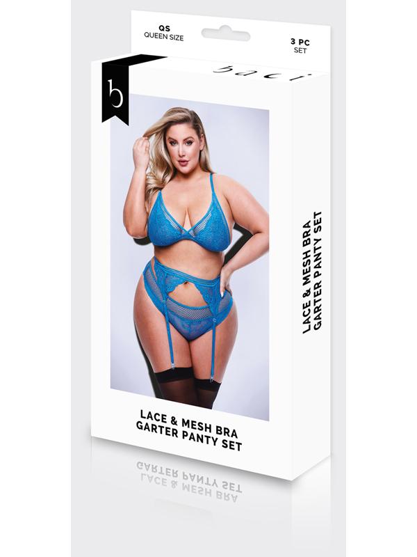 Baci 3pc Lace & Mesh Bra, Garter & Panty Set-BLU-Q BX