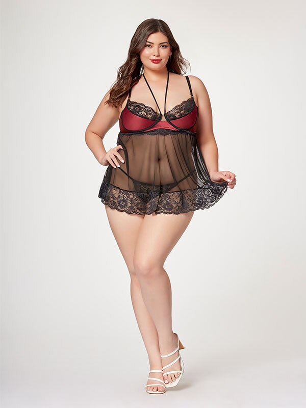 The Romantic Two Piece Babydoll Set STM-11547X-Black-3X/4X