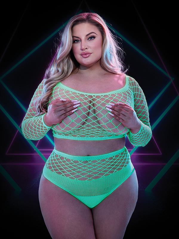 Lapdance 2pc Glow In The Dark Long Sleeve Crop Top and Panty Set Q