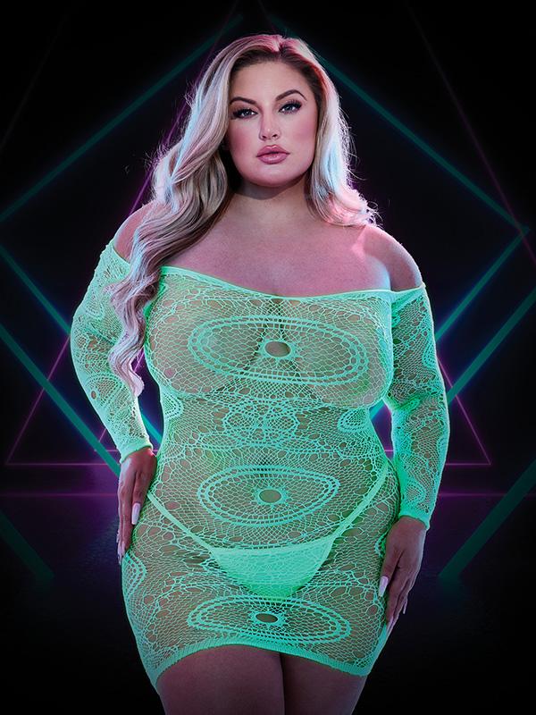 Lapdance Glow In The Dark Mini Dress with Off the Shoulder Sleeves Q