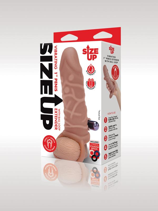 Size Up 1 in. Silicone Vibrating Realistic Penis Extender With Ball Loop - Tan