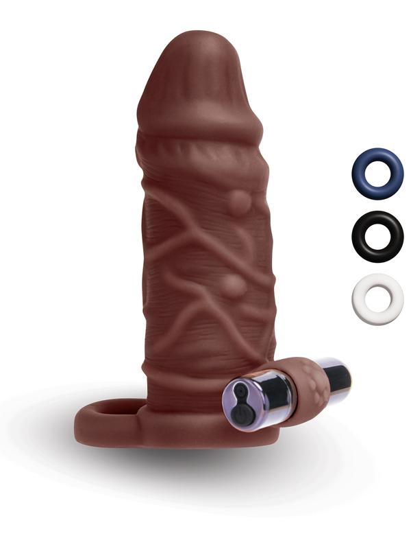 Size Up 1 in. Silicone Vibrating Realistic Penis Extender With Ball Loop - Dark Tan