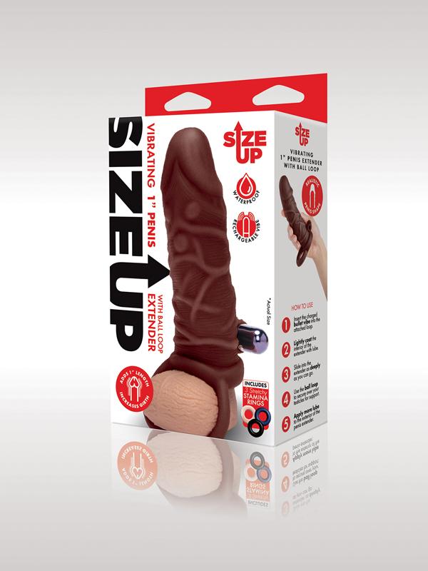 Size Up 1 in. Silicone Vibrating Realistic Penis Extender With Ball Loop - Dark Tan