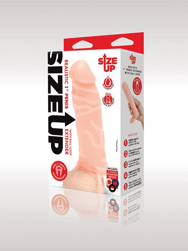 Size Up 1 in. Silicone Realistic Penis Extender With Ball Loop - Flesh