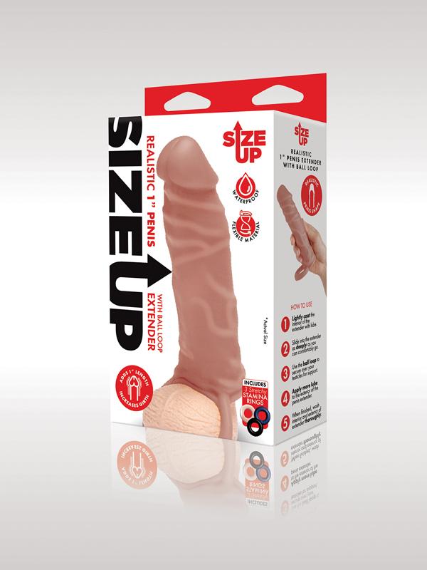 Size Up 1 in. Silicone Realistic Penis Extender With Ball Loop - Tan