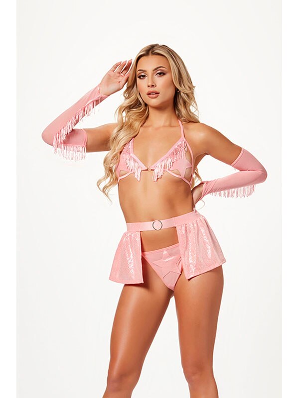 4 Pc Cowgirl Costume Set With Halter Bra Thong Pan O/S (P)