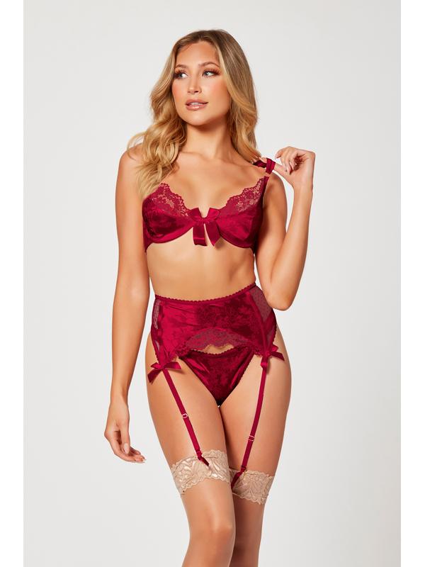 3 Pc Jacquard Bra Garter Belt And Panty Set 11380 WINE L (H)