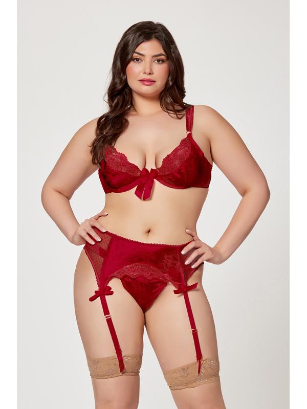 3 Pc Jacquard Bra Garter Belt And Panty Set 11380X /2X (H)