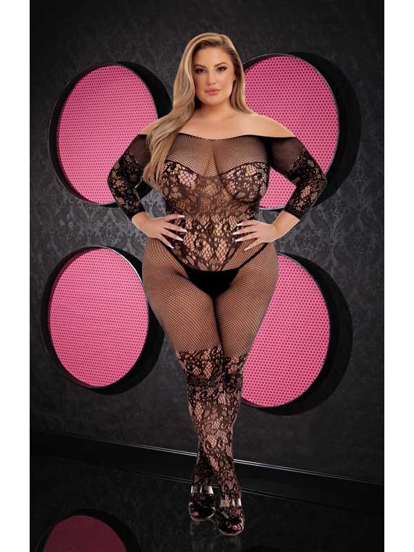 Off-The-Shoulder Lace Bodystocking Black Q