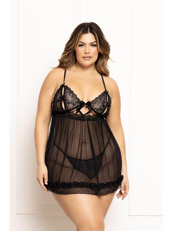 Two Piece Babydoll Set.  Ditsy Floral And Mesh Babydoll With Split Cups STM-11644X-BLACK-X