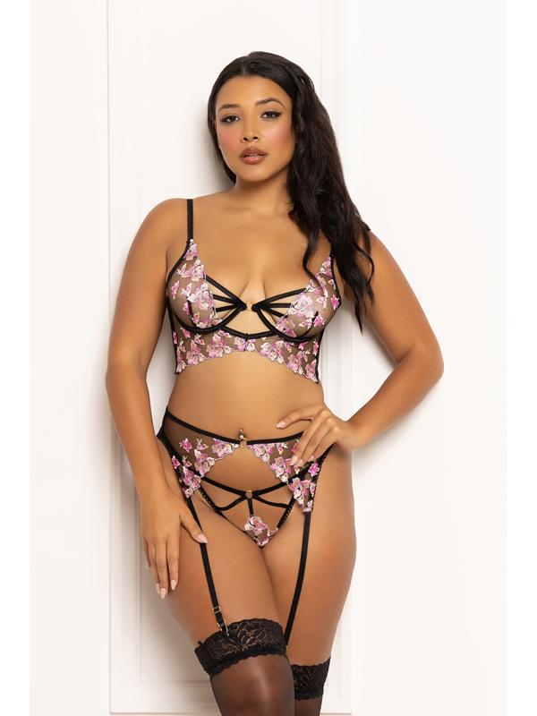Three Piece Long Line Bra Set.  Multicolored Embro K-M (H)
