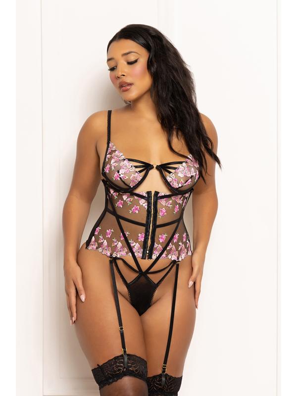 Multicolored Embroidered Floral Galloon Lace Teddy With Underwire STM-11649-BLACK-L (H)