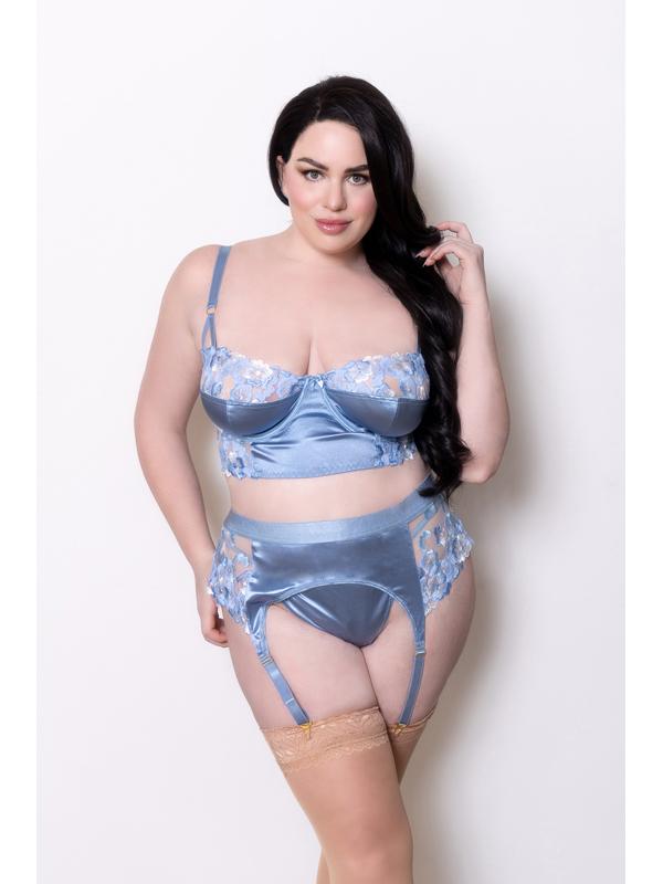 Three Piece Long Line Bra Set.  Embroidered Floral /2X (H)
