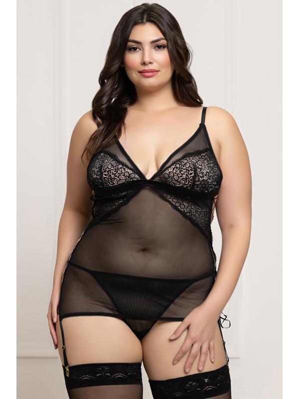 Two Piece Lace and Mesh Chemise Set STM-11823XP-Black-OSX (P)